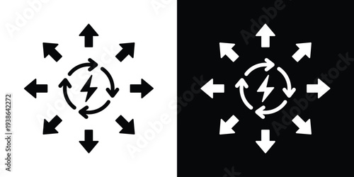 Vector icon of a lightning bolt inside a circular refresh symbol with outward arrows, representing renewable energy distribution, power grid recycling, and electrical efficiency.