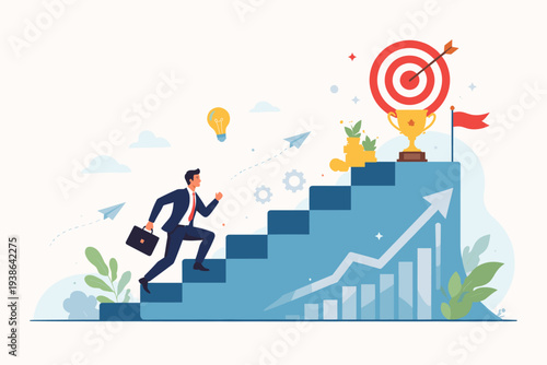 Businessman running up stairs to reach a trophy and target. Concept of career growth, business success, achievement, and progress. Ladder of success with growth chart and financial goals. Vector