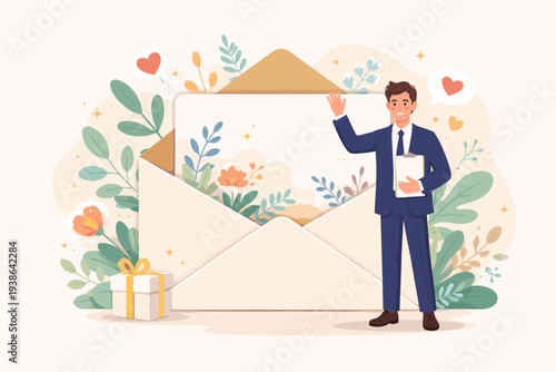 Businessman Waving Next to a Large Open Envelope with a Blank Card, Symbolizing a Thank You Message, Appreciation, or Greeting to a Client, Customer, or Employee for Professional Communication.