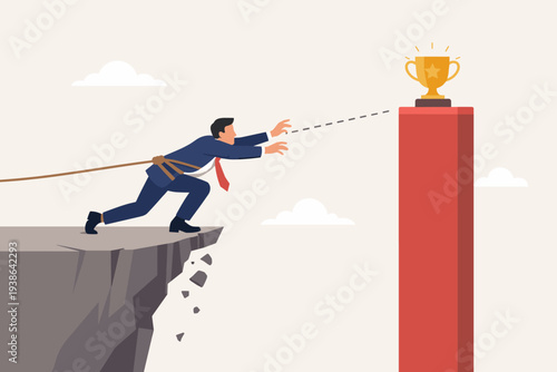 Businessman Tied with Rope Reaching for Golden Trophy on High Pillar Across Chasm, Concept of Business Failure, Bad Planning, Mismanagement, Risk, and Ambition Limit in Professional Career Path