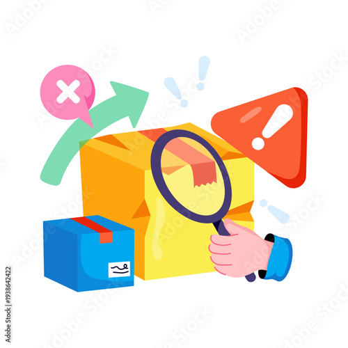 Carton with alert sign, concept of damage parcel