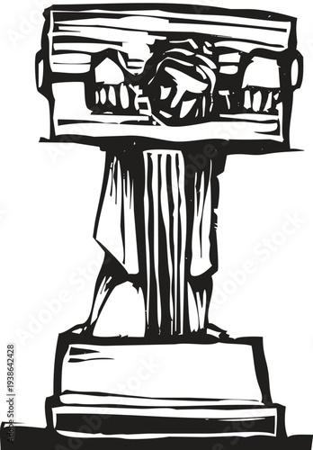 Woodcut style image of a man being held in a pillory or stocks 
