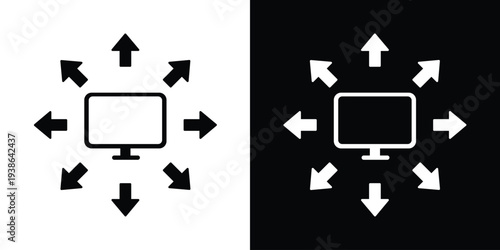 Computer monitor screen icon with arrows pointing in multiple directions. Represents digital broadcasting, content streaming, online reach, media sharing, and technology expansion.
