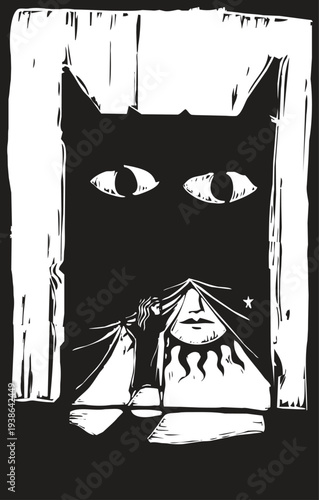 Woodcut style image of a girl raising the curtain in the shape of a monster to see the sun behind it. 