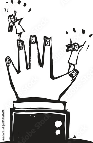 Woodcut style image of girls dancing on fingers that look like women in robes. 