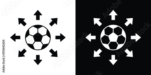 Soccer ball icon with radial arrows, symbolizing international sports broadcasting, global football fandom, tournament distribution, and athletic community expansion.