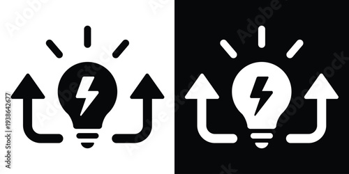 Creative light bulb icon with a lightning bolt and two upward-pointing arrows. Symbolizes energy, rapid innovation, brainstorming, problem-solving, and professional growth.