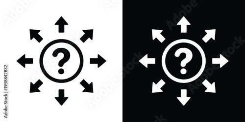 Vector icon of a question mark in a circle with eight arrows pointing outward. Represents a help center, global support, spreading information, or a central knowledge base.