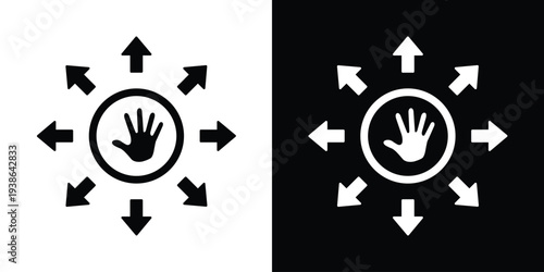 Human hand silhouette in a circle with eight arrows pointing outward. Symbolizes personal boundaries, human rights, stop signal, stop violence, or individual reach and impact.