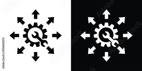 A gear and wrench tool symbol with arrows pointing outward. Ideal for representing industrial management, technical support, maintenance distribution, and engineering coordination.