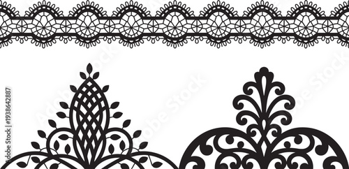 Black lace designs, intricate patterns on white background, ornate details