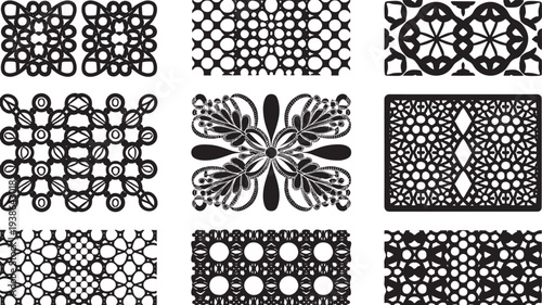 Black and white geometric patterns, ornate designs, lace motifs, floral shapes