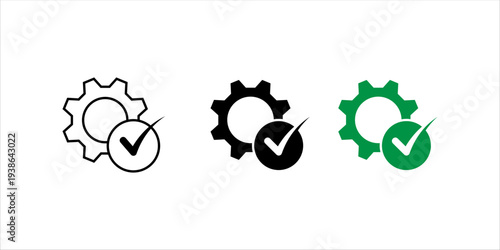 Minimal line icon set. of gear with check mark symbol representing system verification, process validation, quality control, and approved settings in technology or business workflow.