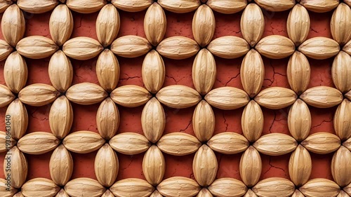 Wooden Ornament Design: An intricate design, the wooden ornament features a repeating pattern of wooden shapes arranged in a symmetrical pattern against a muted red backdrop.