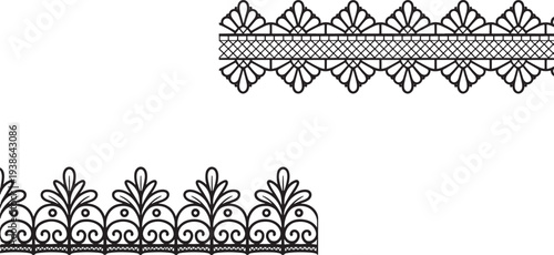 Black lace trim patterns on white background, ornate floral designs