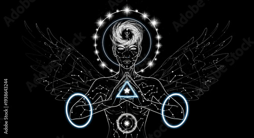 Mystical Angelic Being with Sacred Geometry Symbols and Cosmic Energy