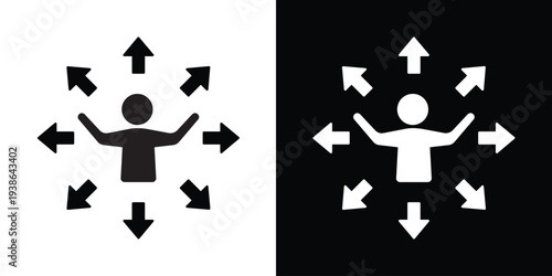 Personal empowerment and influence icon. A human silhouette with arms raised, surrounded by outward-pointing arrows, symbolizing leadership, personal growth, and self-confidence.