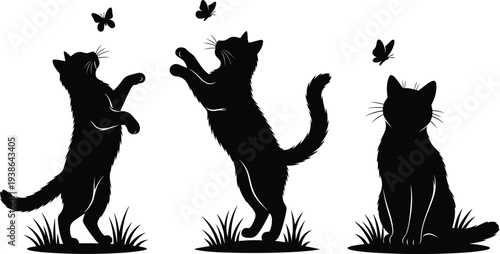 Three black cats chasing butterflies in a playful scene