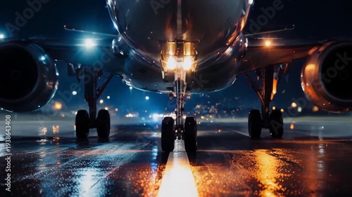 Airplane on runway at night with lights reflecting on wet surface