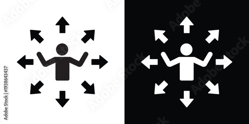 Personal empowerment and influence icon. A human silhouette with arms raised, surrounded by outward-pointing arrows, symbolizing leadership, personal growth, and self-confidence.