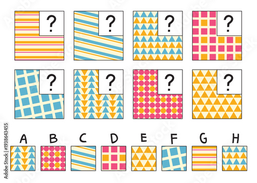 Educational kids puzzle with colorful patterns and missing pieces. Children choose the correct option to complete each picture, developing logic, visual perception, and early learning skills.