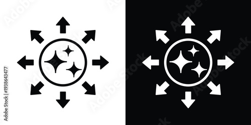 Creative energy and sparkling inspiration icon. A circle containing glowing stars with arrows radiating outward, representing a burst of ideas, magic, innovation, and bright solutions.