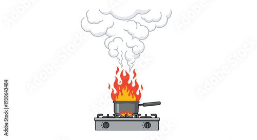 A cartoon gas stove burner emits large orange flames with a small pot on fire, producing a dense cloud of white smoke against a clean white background.