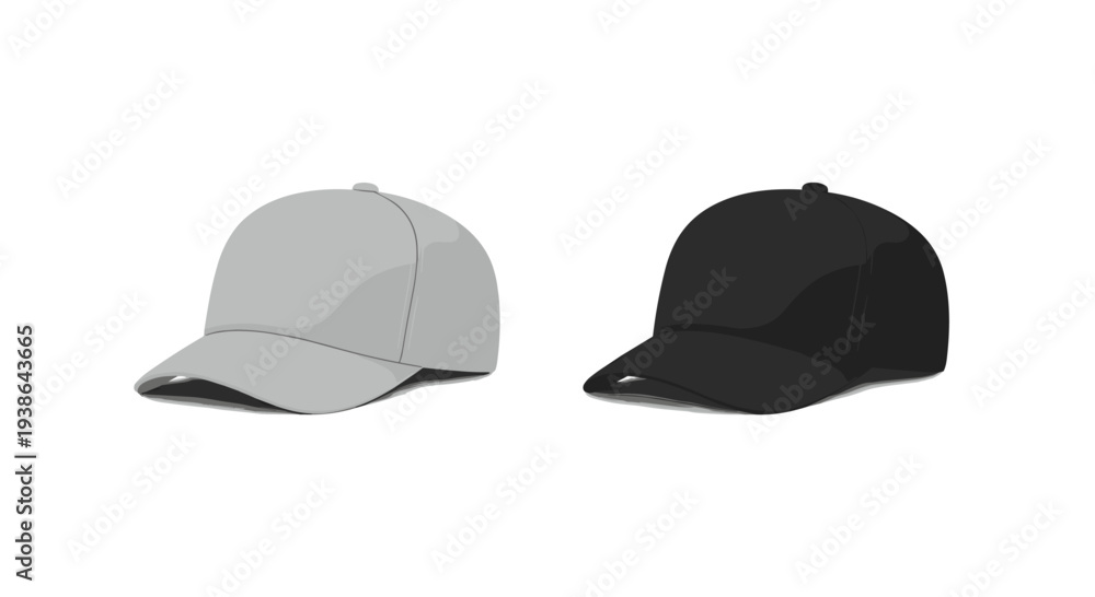 Fototapeta premium Two baseball caps, one light gray and one solid black, are displayed side-by-side with curved brims and rounded crowns against a plain white background.