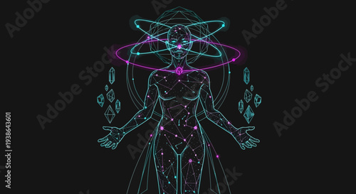 Cosmic Humanoid Figure with Atomic Orbitals and Crystals