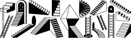Staircase and stairs architecture. Abstract black and white geometric step designs, modern ladders, and surreal ascending staircases. Minimalist 3D optical illusions, ascending stairway vector set