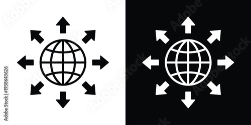 Global expansion and worldwide distribution icon. A globe with eight arrows pointing outwards, representing international logistics, global reach, and connectivity in black and white styles.