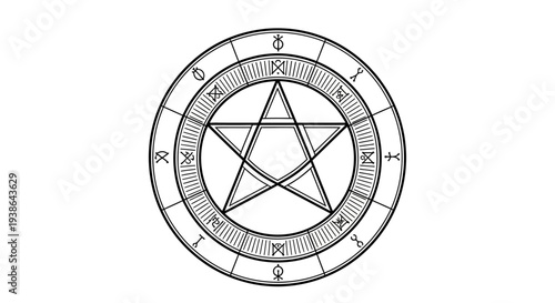 Mystical Pentagram Symbol with Occult Runes and Astrology Signs