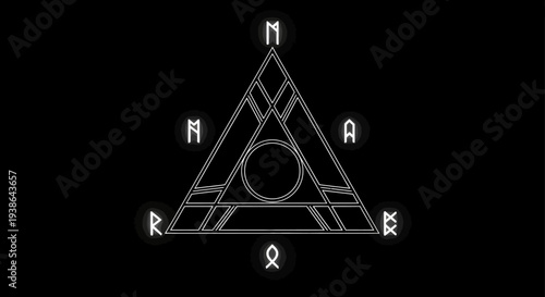 Mystic Triangle Symbol with Runes on Black Background