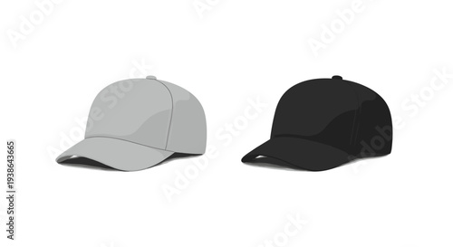 Two baseball caps, one light gray and one solid black, are displayed side-by-side with curved brims and rounded crowns against a plain white background.