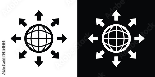 Global expansion and worldwide distribution icon. A globe with eight arrows pointing outwards, representing international logistics, global reach, and connectivity in black and white styles.