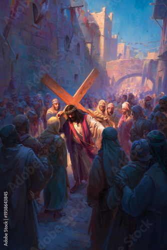 Jesus Christ Carrying the Cross through crowded Jerusalem street during Passion of Christ procession toward crucifixion on Holy Week