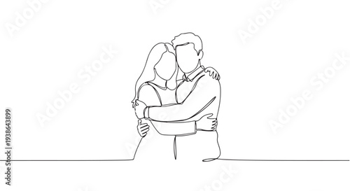 Continuous line drawing of a loving couple embracing, symbolizing connection and togetherness in a minimalist art style