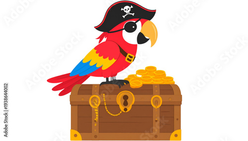 A colorful parrot wearing a pirate hat sits on a treasure chest filled with gold coins on transparent background