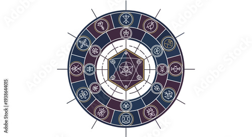 Mystical Circle with Esoteric Symbols and Hexagram, Occult Magic Round Design
