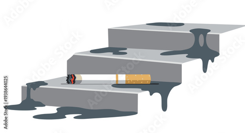 Cigarette lying on wet concrete steps with a dark stain  