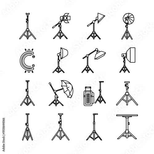 Photography Lighting Equipment Icons Vector Set Studio Gear Line Art Collection