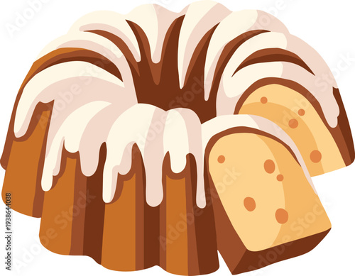 Sweet bundt cake with icing glaze and sliced piece. Bakery dessert illustration in flat vector style isolated on light background. Perfect for bakery menu design, pastry shop branding, dessert adverti