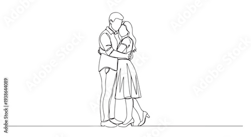 Embrace of love A continuous line drawing depicting a couple in a tender hug, symbolizing romance and connection