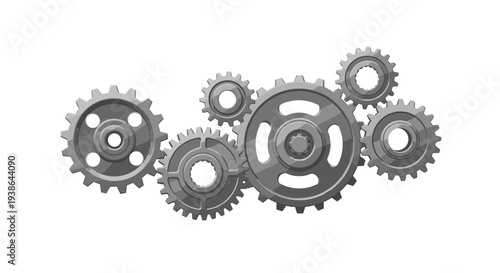 A cluster of seven interlocking gray gears of varying sizes is arranged in a horizontal formation, each with distinct teeth and a central hub, against a plain white background.