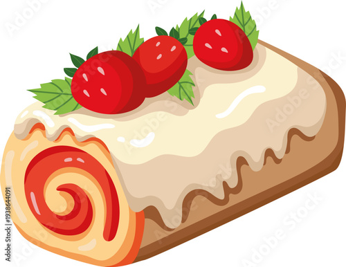 Sweet Swiss roll cake with cream glaze and fresh strawberries on top. Bakery dessert vector illustration in flat style isolated on light background. Perfect for bakery menu design, pastry shop brandin