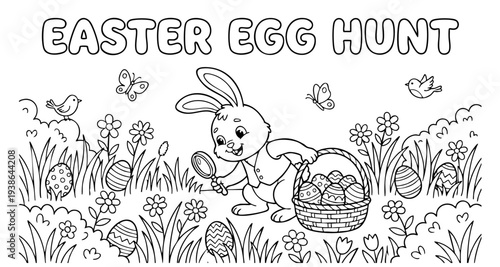 bunny painting easter egg and some flowers, coloring page ready to print on standard 8.5x11 inch paper. eps file.