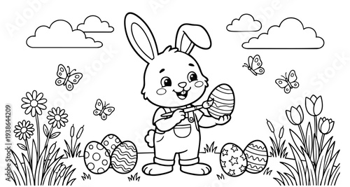 a4 colouring page bunny painting an easter egg. ready to print on standard A4 paper.