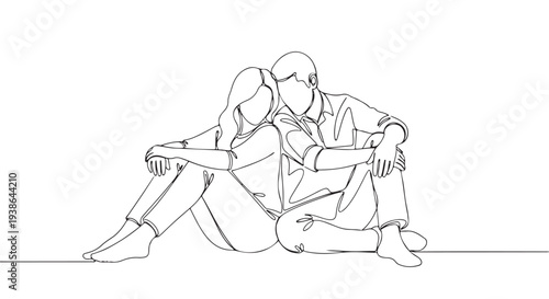 Couple sitting back to back and resting their heads together in a minimalist line art illustration