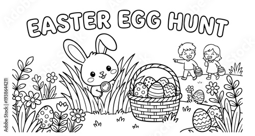 bunny painting easter egg and some flowers, coloring page ready to print on standard 8.5x11 inch paper. eps file.