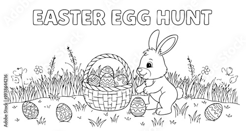 bunny painting easter egg and some flowers, coloring page ready to print on standard 8.5x11 inch paper. eps file.
